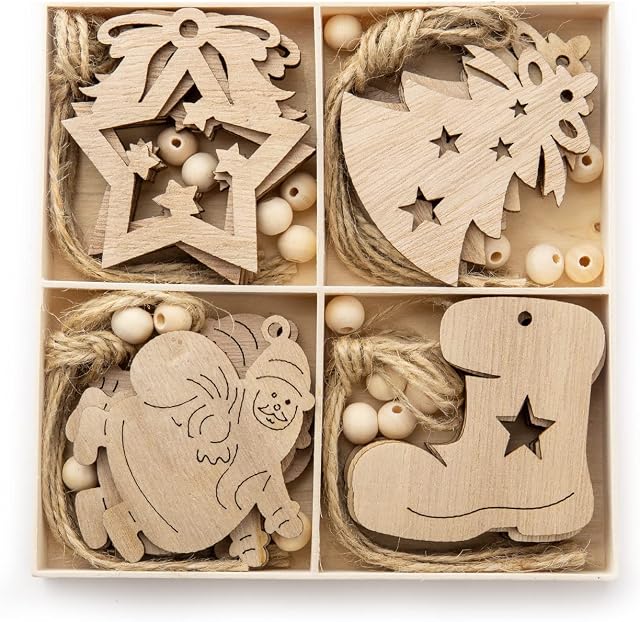 TAIYOU 20pcs 4 Designs Christmas Wooden Hanging Ornaments Set Christmas Pendants Embellishments Christmas Tree Hanging Decorations with Rope Wood Color