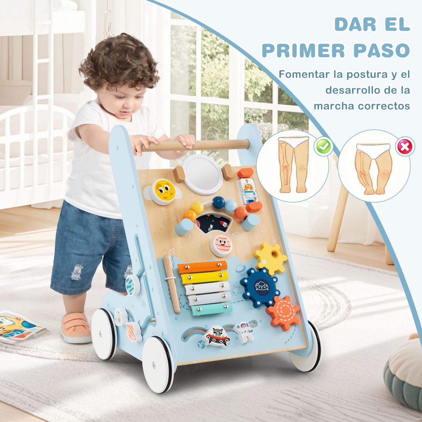 COSTWAY Andador Bebés de Madera 8 en 1, Caminador de Madera Bebé, Centro de Actividades de Aprendizaje de Empujar, Juguete Montessori con Ruedas, Carrito Correpasillos para Niños de 1+ Años (Azul)