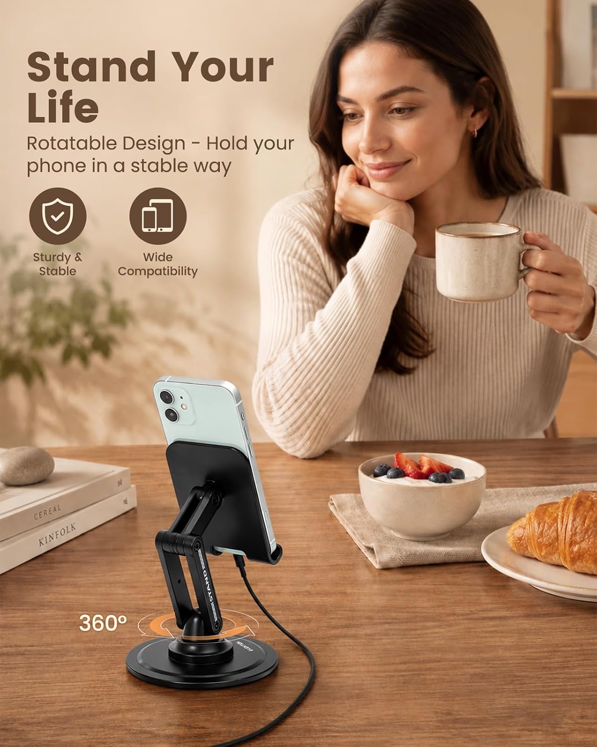 LENTION Phone Stand, 360° Rotating Foldable Adjustable Weighted Stable Base | Ergonomic Anti-Slip Universal Phone Cradle with Custom Tension Joint; Fits All Smartphones for Video Calls, Home Office Desk