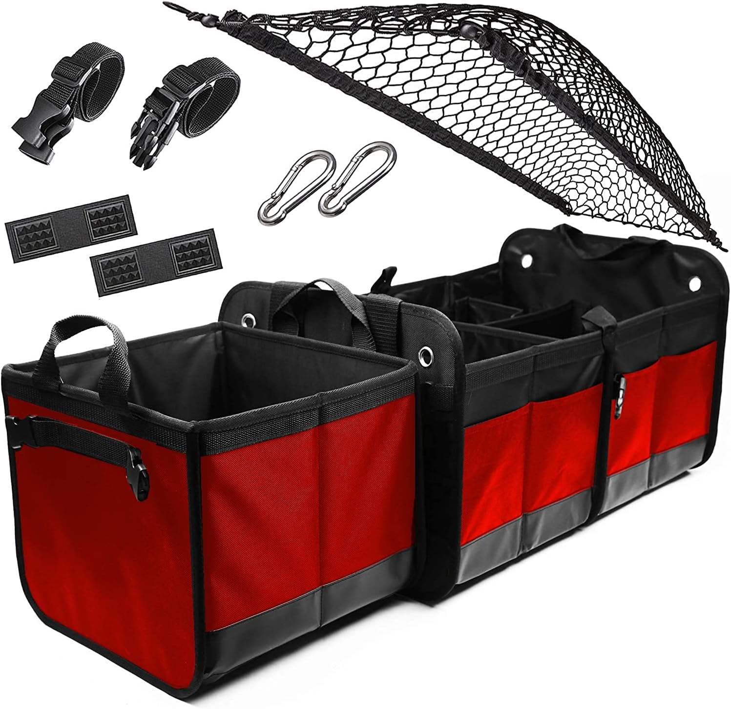 DURABLEZ 3 Compartment Separable Collapsible Car Trunk Storage Organizer for SUV Minivan Truck Sedan - XL, Red-Black