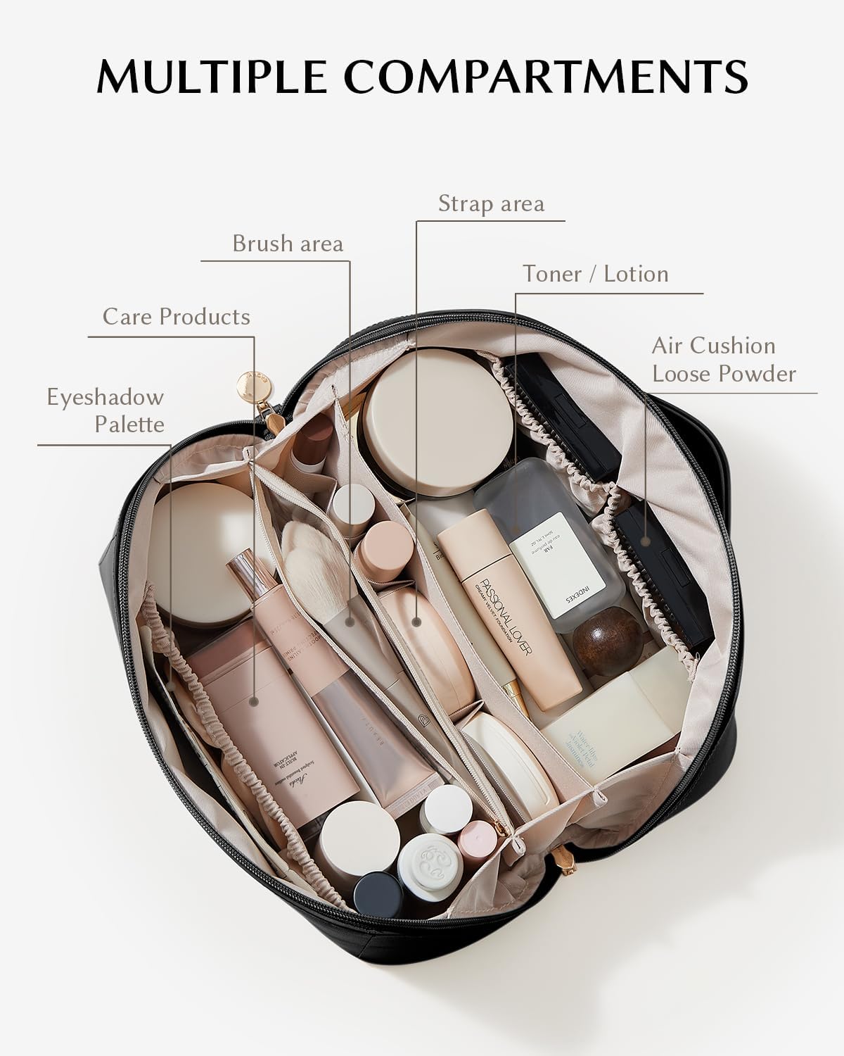 EACHY Travel Makeup Bag, Lychee Leather Large Capacity Cosmetic Bag for Women, Open Flat Toiletry Bag with TPU Brush Compartment, Waterproof Skincare Organizer Travel Essentials - Image 2