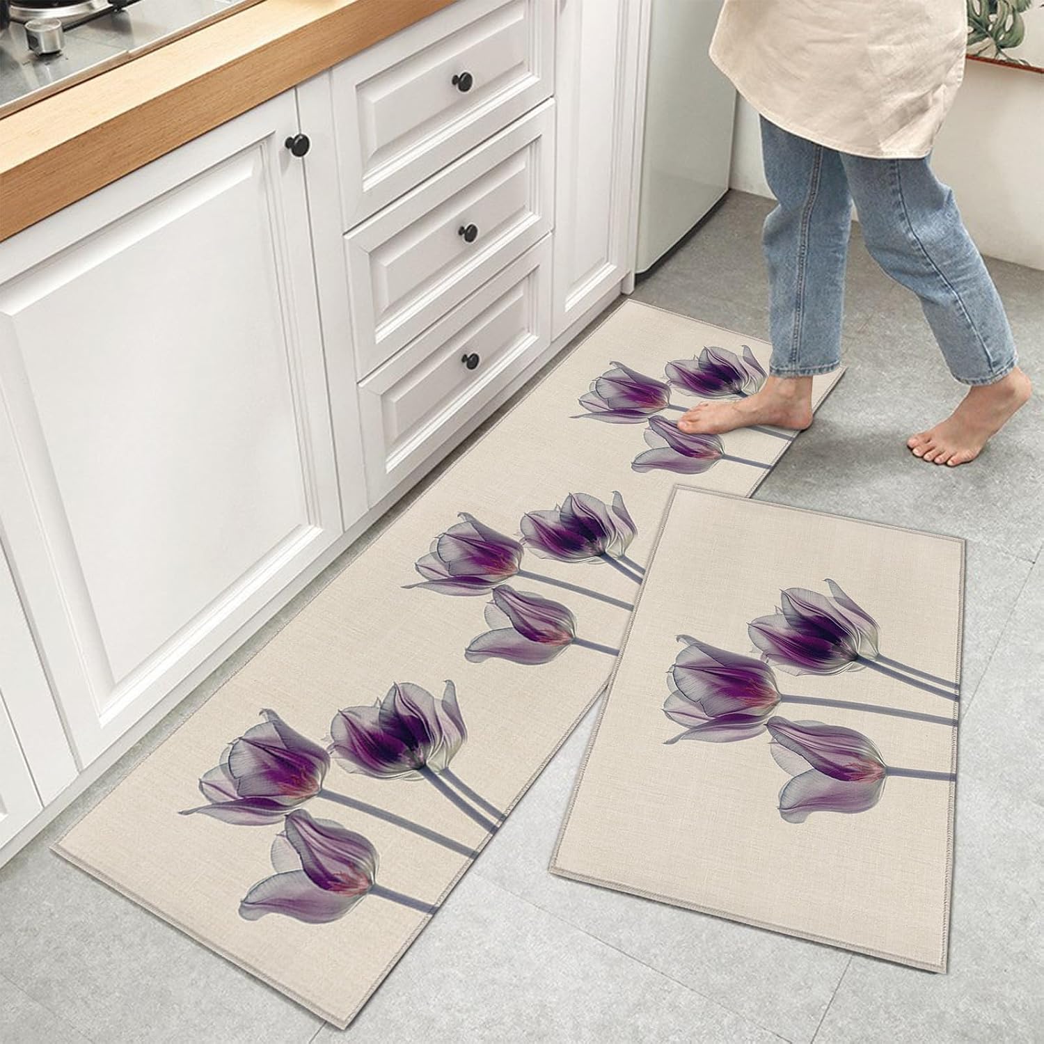 Teamery Kitchen Mats for Floor, Purple Tulip Kitchen Rugs, Kitchen Organization 2pcs Kitchen Mat, Kitchen Decor Runner Rug, Anti-Fatigue Mats for Kitchen Floor, Kitchen Gadgets
