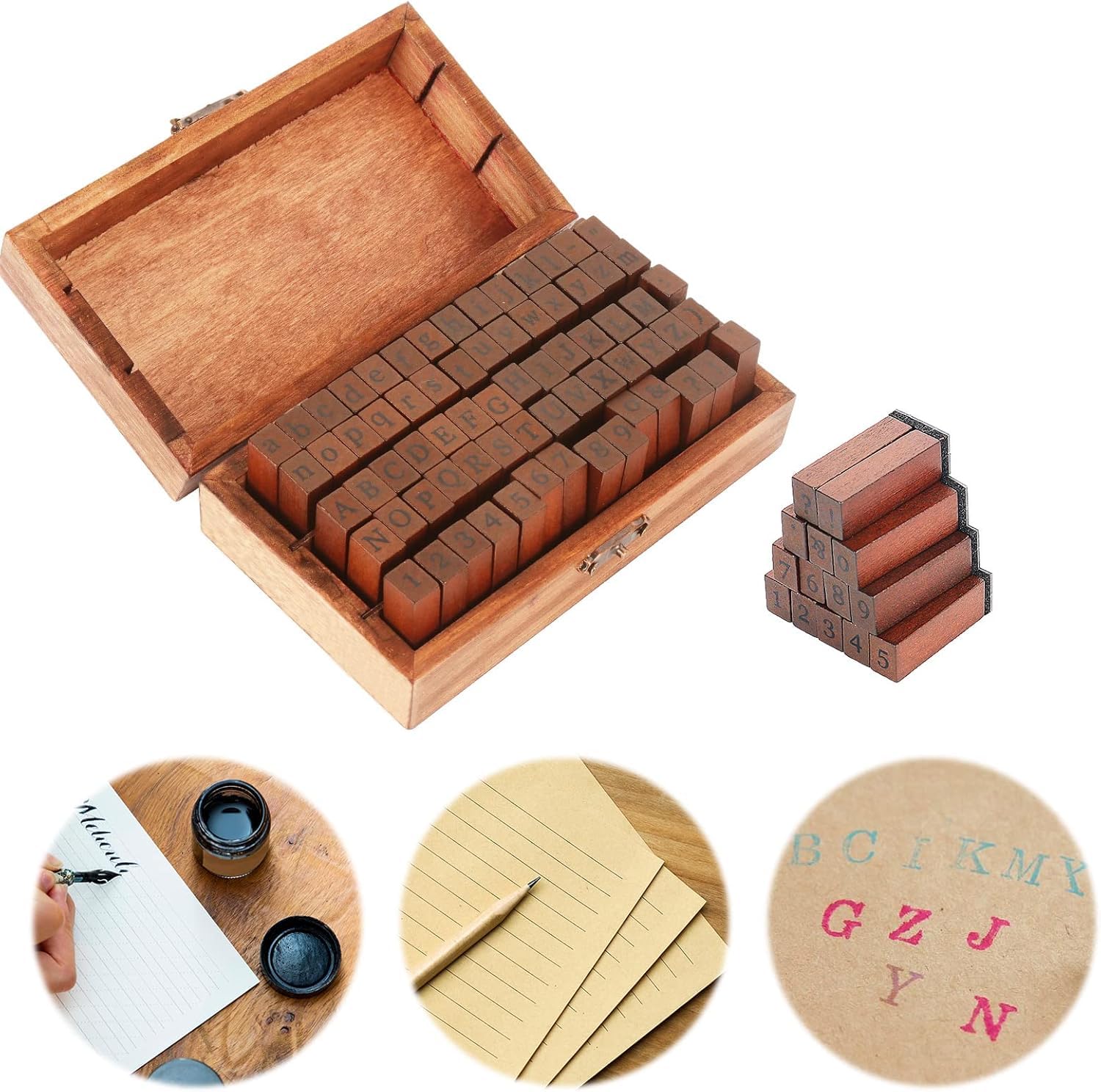Gearmax Legno Rubber Stamp Box 70 Pezzi Francobolli Numero Lettera Set Vintage