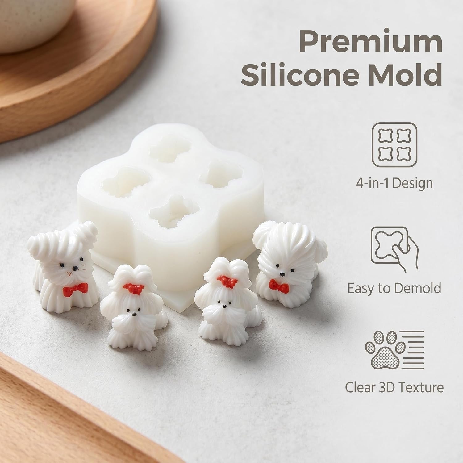4-Cavity Cute Bow Maltese Dog Silicone Mold Resin Casting Small Dog Mould