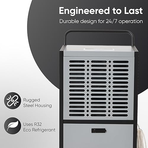 Miniatura 5 de Deshumidificador comercial de 290 pintas para sótanos y espacios industriales - Bomba integrada, manguera de drenaje, funcionamiento continuo,