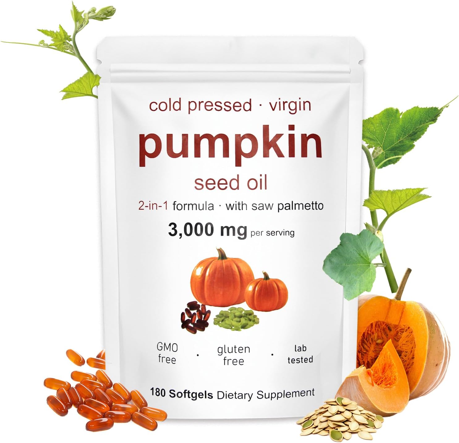 Pumpkin Seed Oil with Saw Palmetto, 3000mg Per Serving，180 Softgels | Cold Pressed, Supports Hair, Urine, Bladder & Prostate Health | Non-GMO
