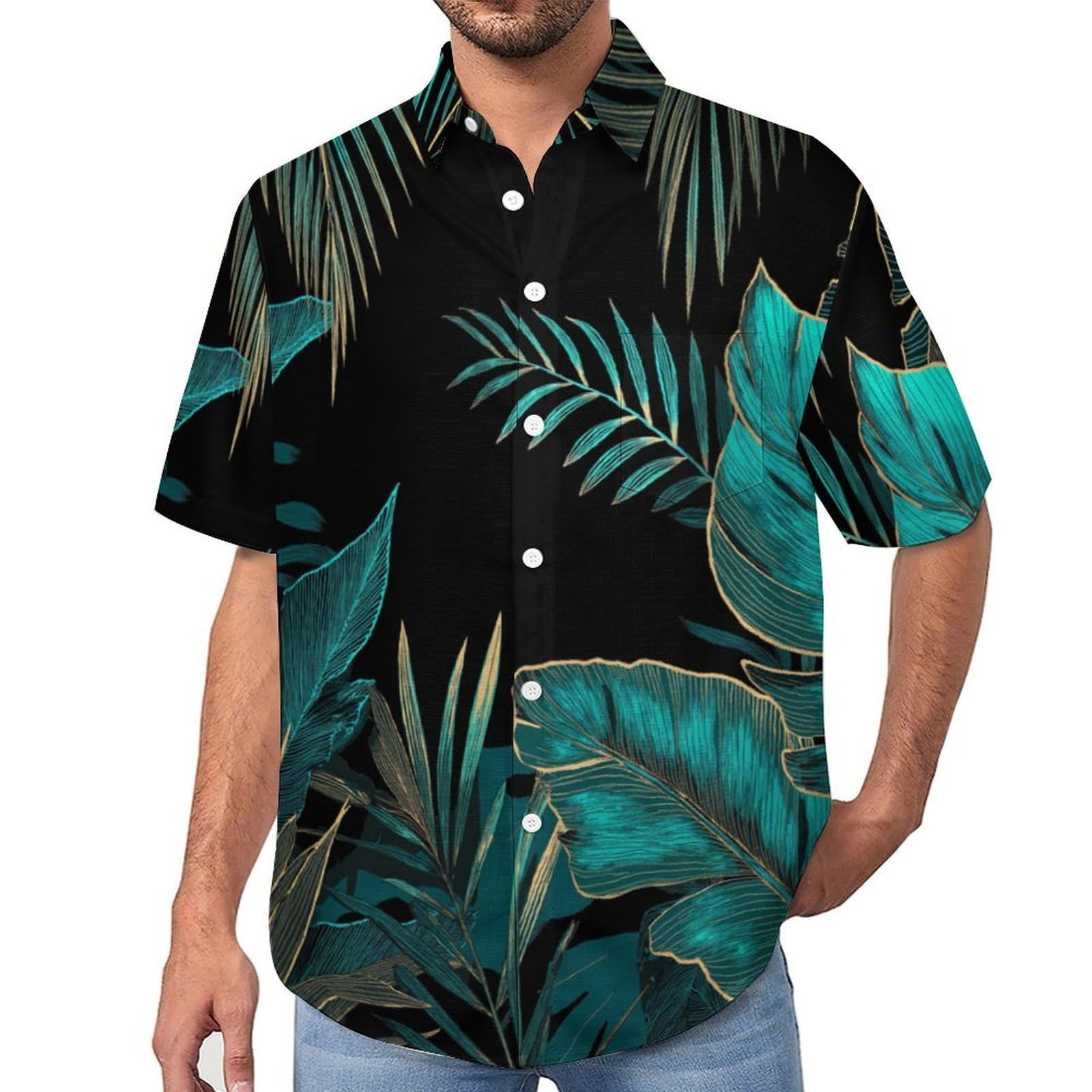 Camicie a Maniche Corte da Uomo - Camicie da Spiaggia con Stampa Arte con Foglie di Palma E Linee della Giungla, Funky Estiva Cool Camicia Hawaiana Monopetto Camicia S-5XL