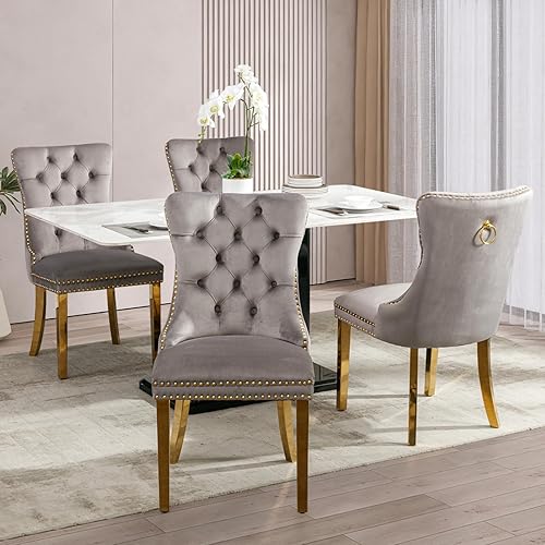 Miniatura 34 de Juego de 6 sillas de comedor de terciopelo, sillas de comedor tapizadas acolchadas con ribete de tachuelas y patas de madera maciza para cocina,