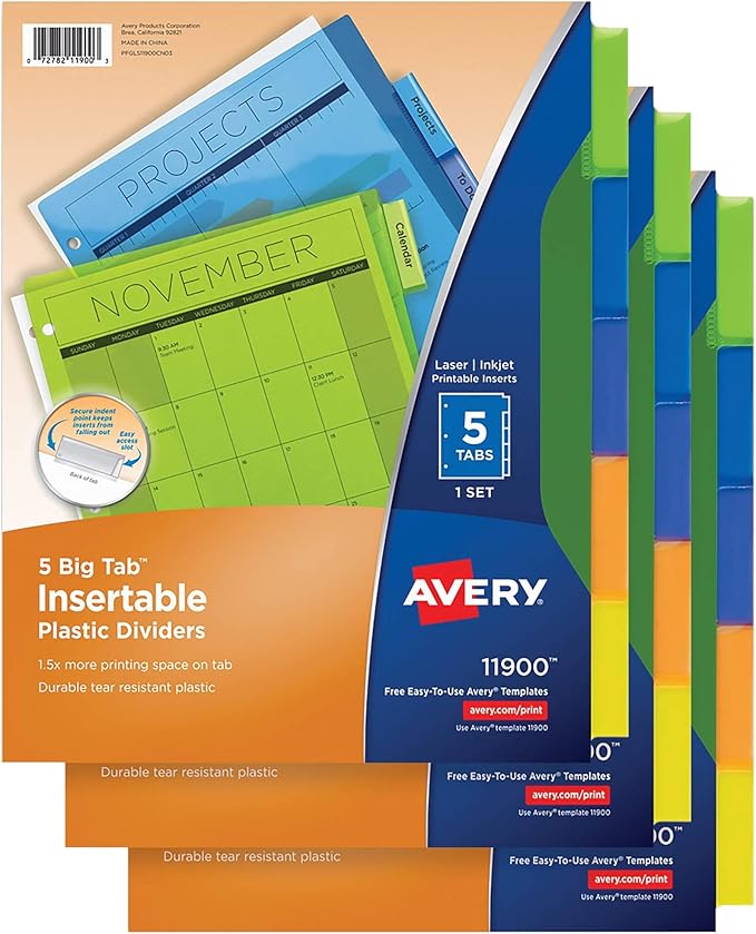 Avery Dividers for 3 Ring Binders, 5Tab Binder Dividers, Plastic Binder Dividers