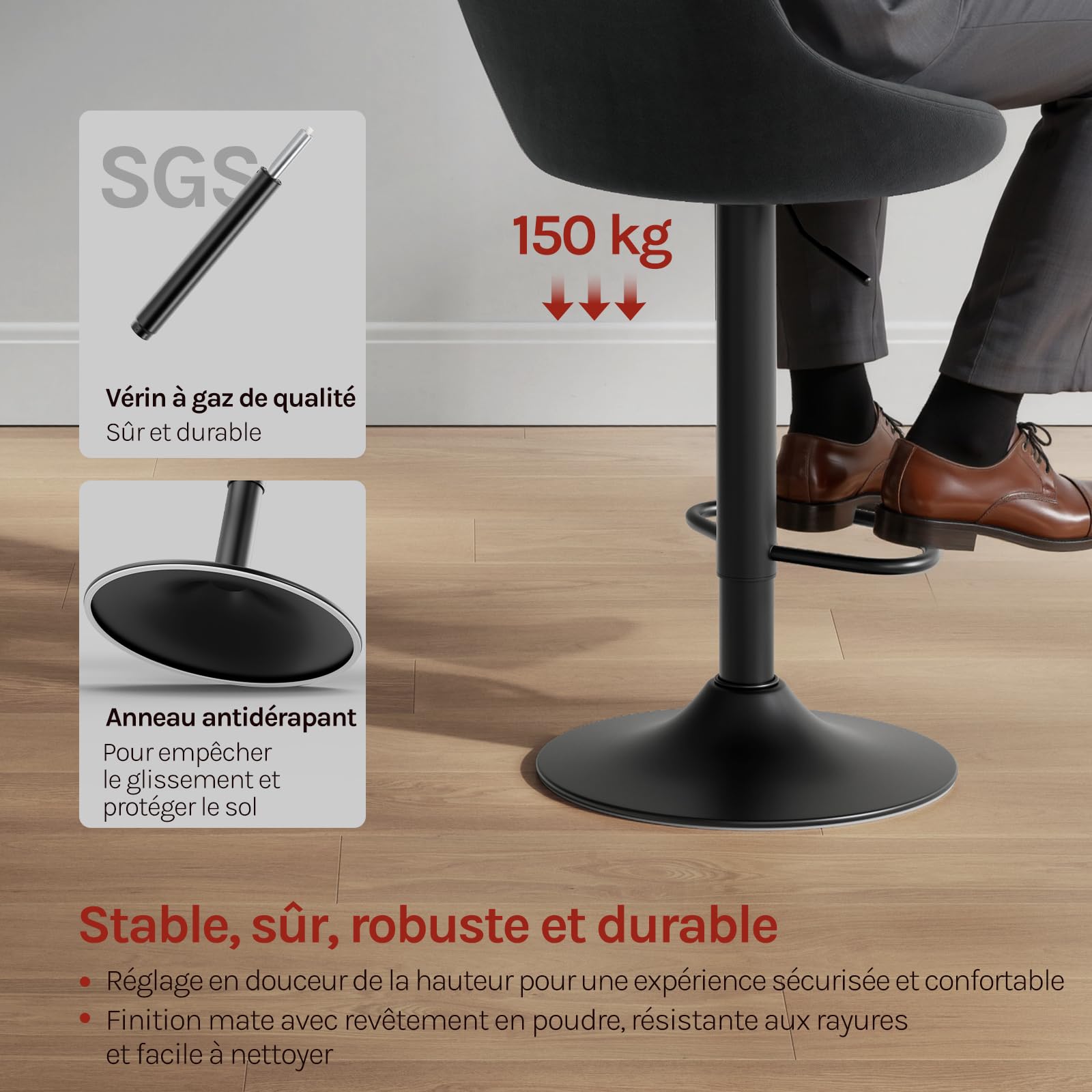WOLTU Tabouret de Bar Lot de 2, Chaise de Bar Haute Cuisine, Réglable en Hauteur, Siège pivotant à 360° Confortable, avec Dossier et Repose-Pieds, pour Cuisine, Salle à Manger, en Velours, Noir