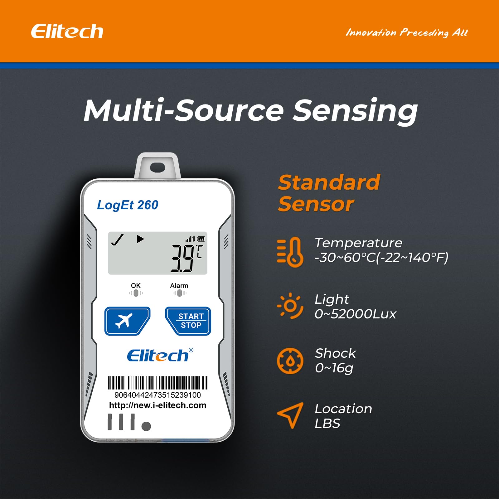 Elitech Registrador de Datos Reutilizable en Tiempo Real de Temperatura y Humedad Luz/Choque/Ubicación Integrada SIM Datos de Sombra en la Nube SMS/Correo Electrónico/Aplicación/Alarma 100000 Puntos