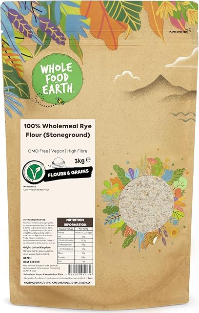 Wholefood Earth 100% Wholemeal Rye Flour (Stoneground) 3kg | GMO Free | Vegan | High Fibre