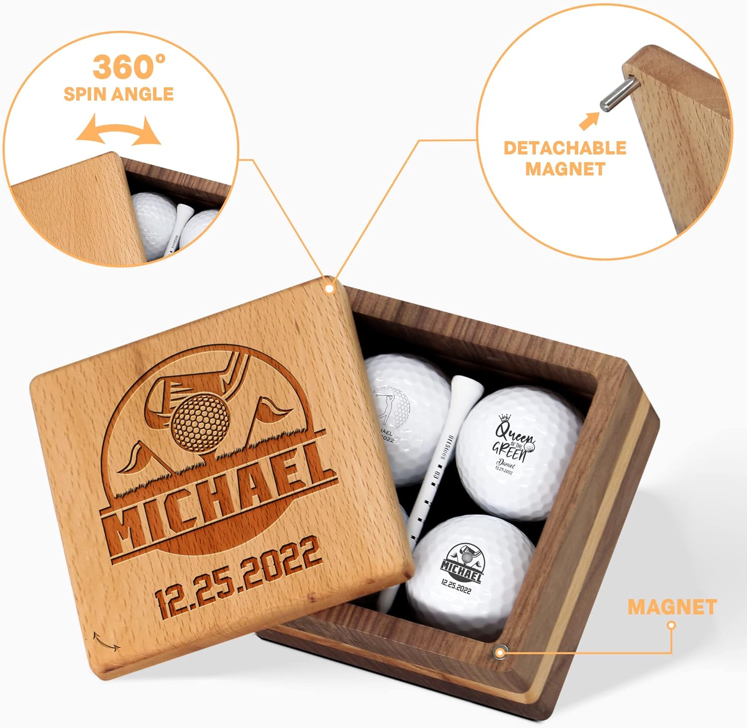 Personalized Golf Gift for Men Women - Custom Golf Set with Nice Balls and Luxury Wooden Box - Unique Gift Ideas for Golfer, Golf Lover, Golf Coach, Boss, Him, Her on Anniversary, Birthday, Retirement