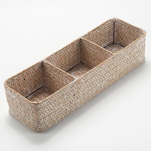 Vista 3 de Cesta de almacenamiento de pastos marinos de 3 secciones tejidas con compartimento (lavado blanco, 14.6 x 4.7 x 3.1 pulgadas)
