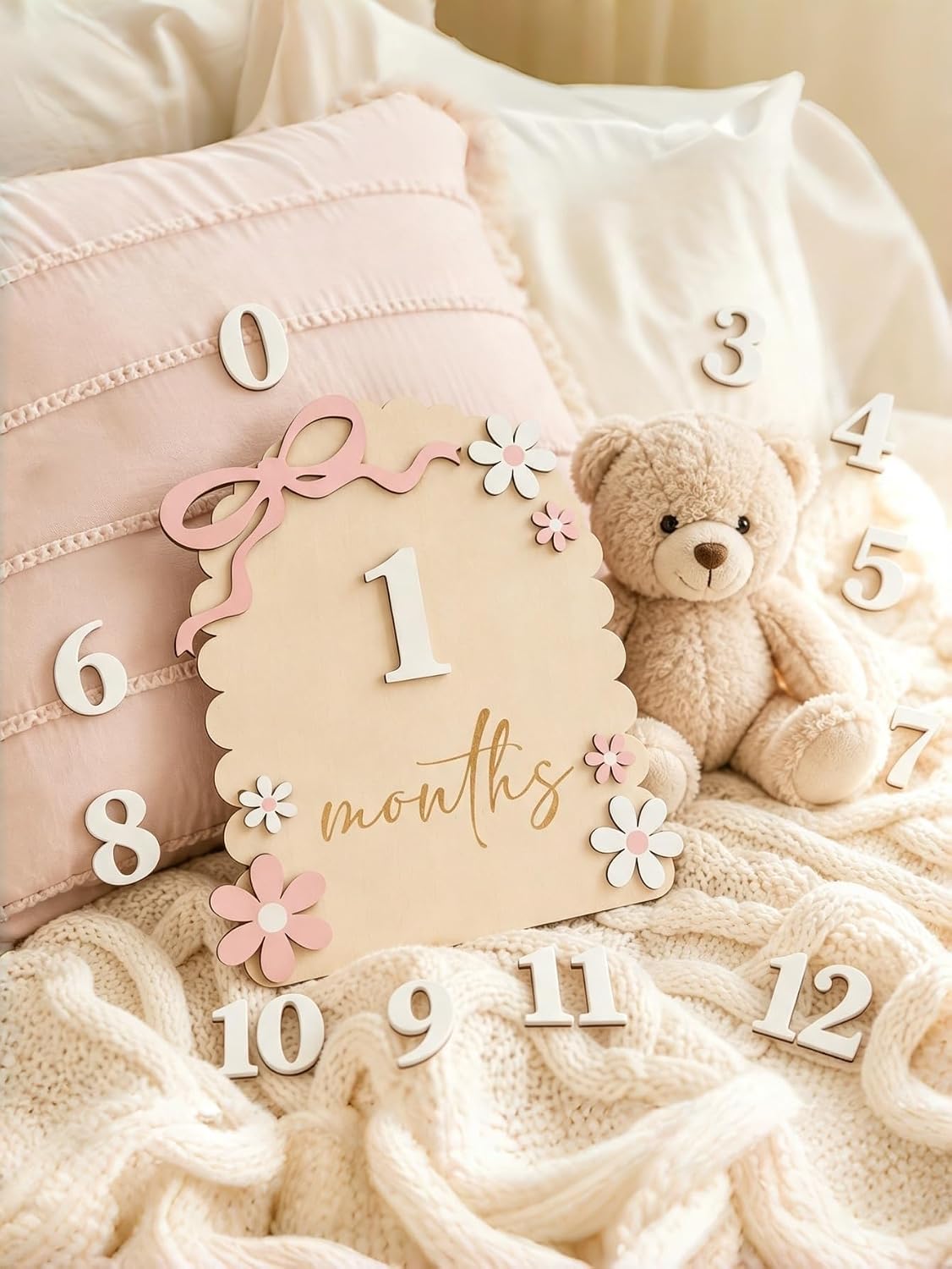 A Set of Baby 1-12 Months Wooden Milestone Baby Growth Record Photo Atmosphere Props,Memorial Photo Prop (Arched Petal Edging- Pink Bow) image 2