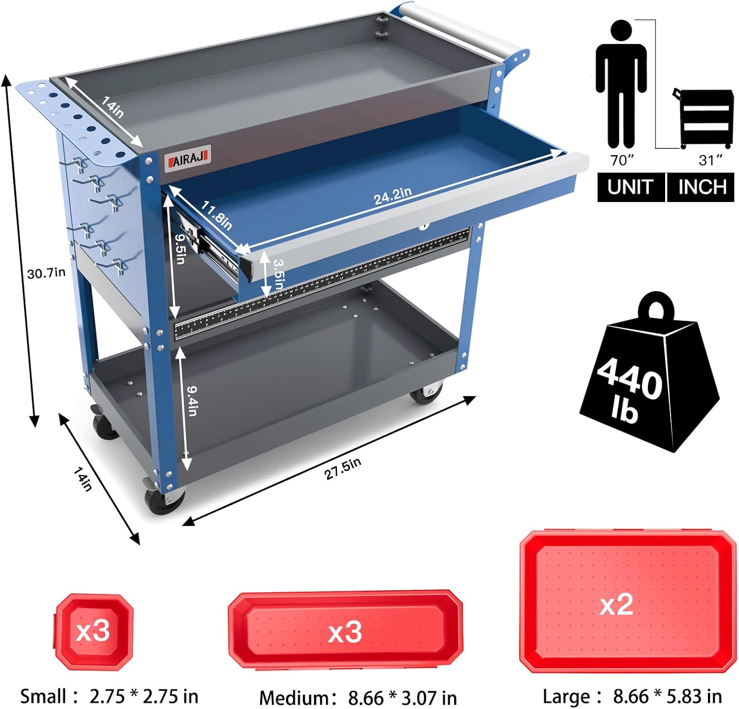 AIRAJ 3 Tier Rolling Tool Cart,Mechanic Tool Cart on Wheels,Industrial Utility Cart with Drawers and Pegboard,440 LBS Capacity Tool Storage Cart for Garage,Warehouse,Blue
