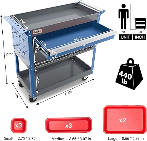 Miniatura 2 de AIRAJ Carrito de herramientas rodante de 3 niveles, carrito de herramientas mecánicas sobre ruedas, carrito de utilidad industrial con cajones y