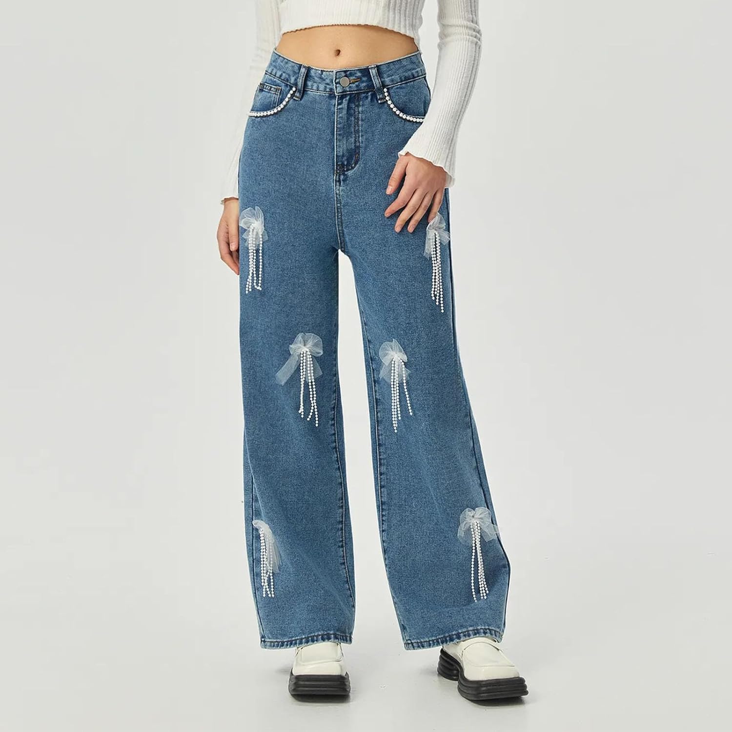 Baggy Jean for Women High Waist Wide Leg Cute Soft Denim Pant Solid Color Fashion Comfy Stretchy Fall Pearl Clothes