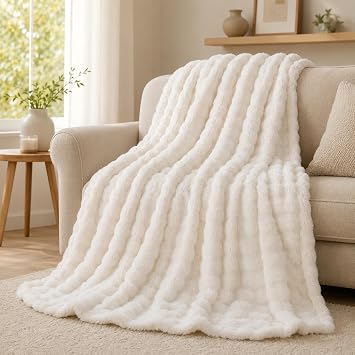 DJDEA Cream White Fleece Bubble Throw Blanket 127 x 178 CM