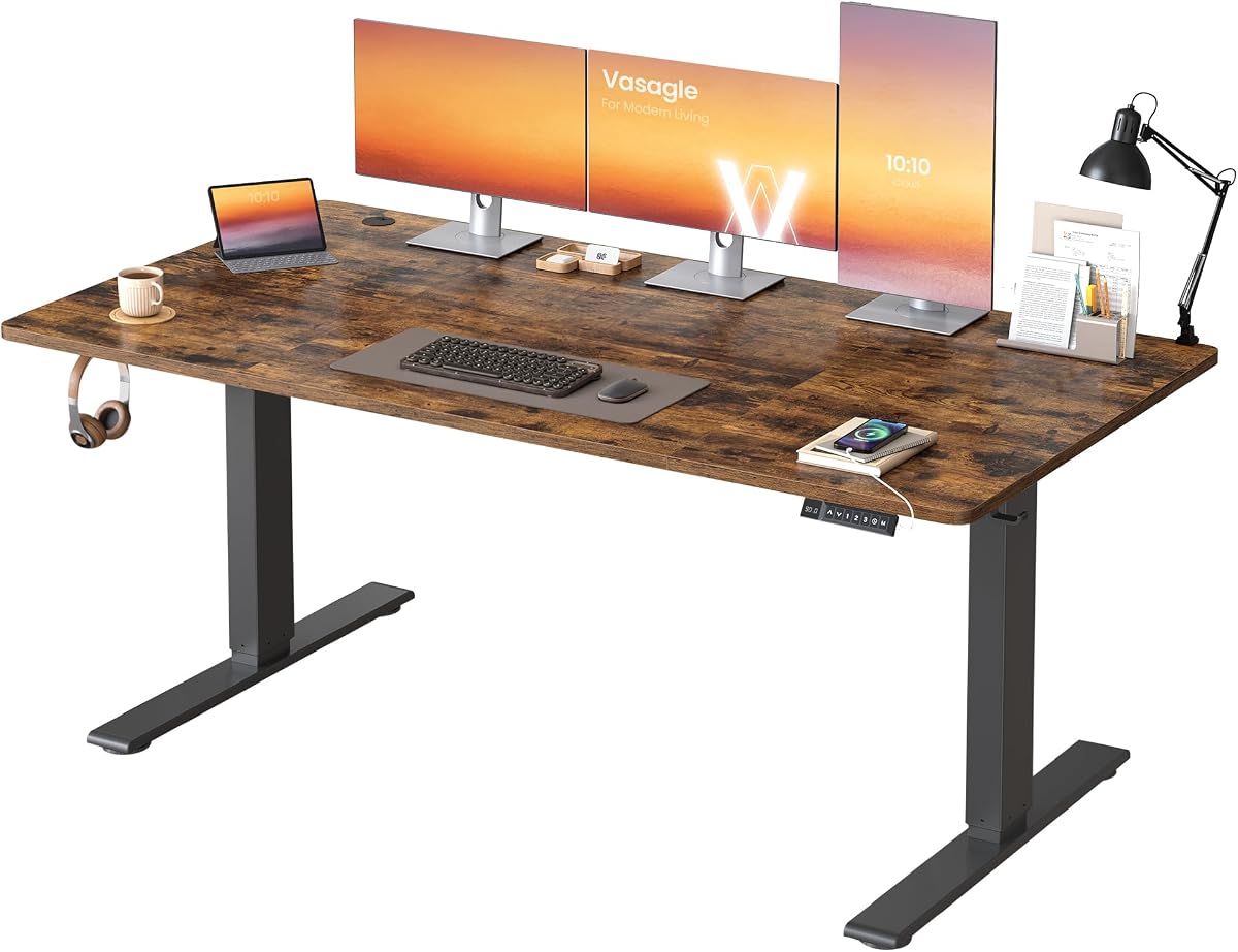 VASAGLE Scrivania Regolabile in Altezza, 160 x 80 cm, Porta USB-C, Mensola per Ciabatta Elettrica, Promemoria per Sedentarietà 3 Tasti di Memoria, per Ufficio, Marrone Vintage LSD146KD02