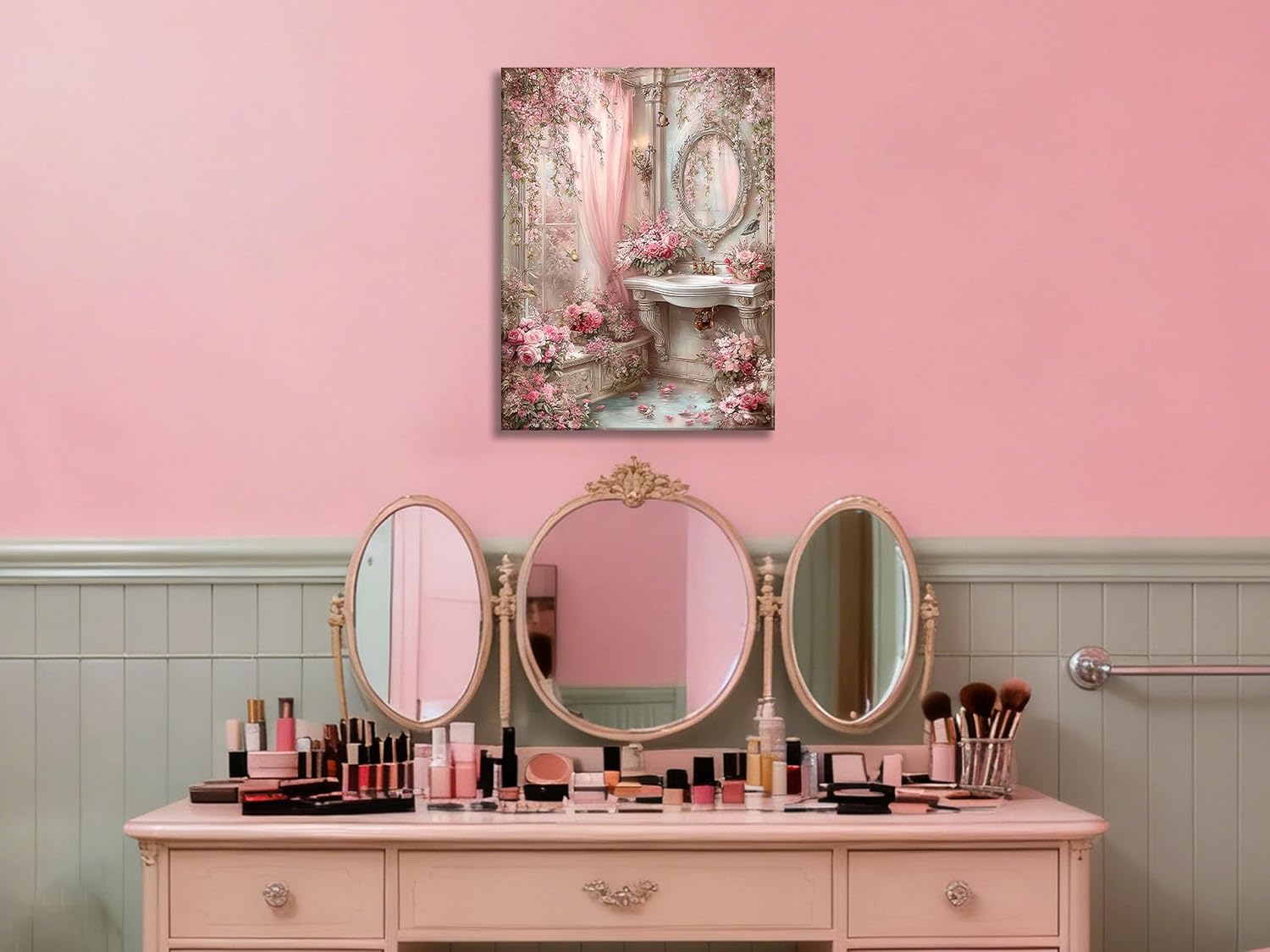 Frimeeme Vintage Pink Bathroom Canvas Wall Art, Sink Posters Prints for Bathroom,Toilet,Home Decor, 12 x 16 In,Ready To Hang