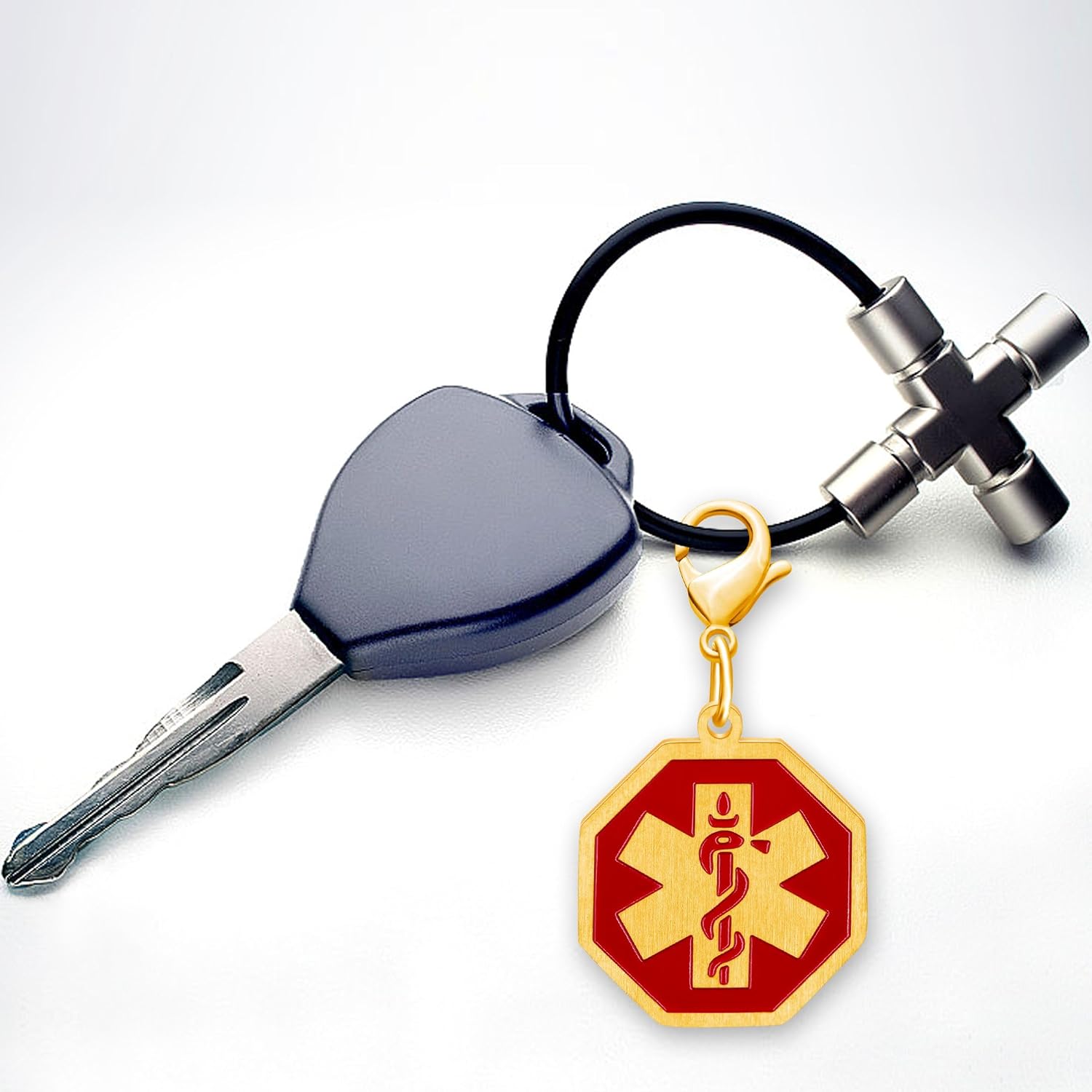 Red Medical Symbol Keychain for Women Men - Platinum/Gold Plated Octagon Medical Alert Keychains YA4677 image 2