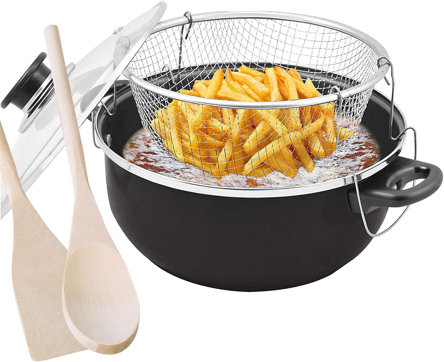 GWUK Black 24cm Chip Pan Set – High Quality Non-Stick Steel Home Kitchen Deep Fat Frying Mesh Basket with Glass Lid and Wooden Spatula and Spoon Cooking Tools – Two Cool Touch Easy Carry Handles