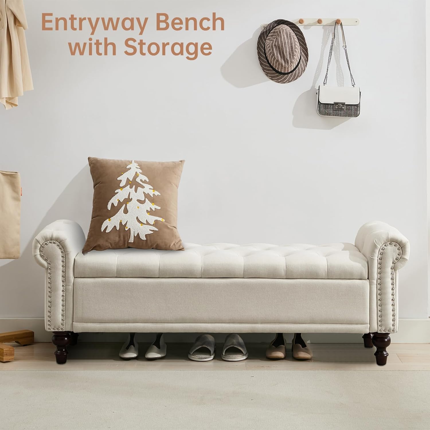 58'' Upholstered Storage Bench for Bedroom, Linen End of Bed Storage Ottoman Benches Large, Button Tufted Ottomans with Storage for Living Room/Entry Way/Closet, Beige