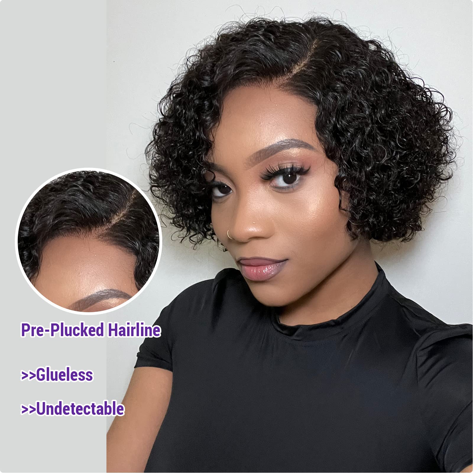 LUVME HAIR Black Roll Curly Short Lace Front Wigs Human
