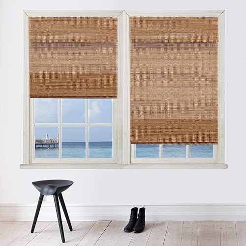 Miniatura 2 de TJ GLOBAL Persiana romana de bambú inalámbrica para ventana, persianas filtrantes de luz con cenefa de 7 pulgadas, bambú tejido natural (28 x 64