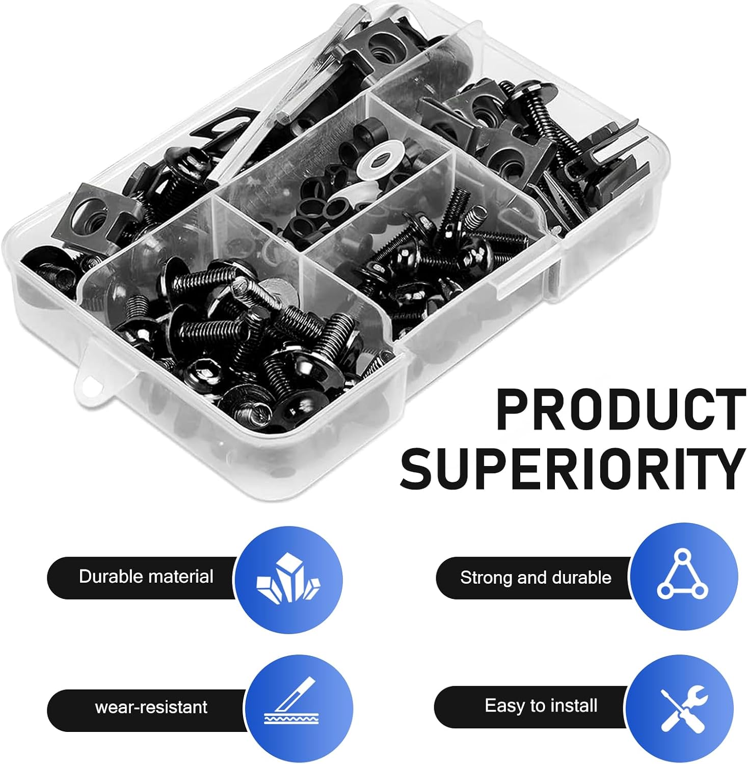 177 PCS Motorcycle Fairing Bolt Kit, M5 M6 Alloy Motorbike Windscreen Screws, Rust-Proof Bolts Nut Clips Assortment Set, Universal for Most Motorcycles (Black)