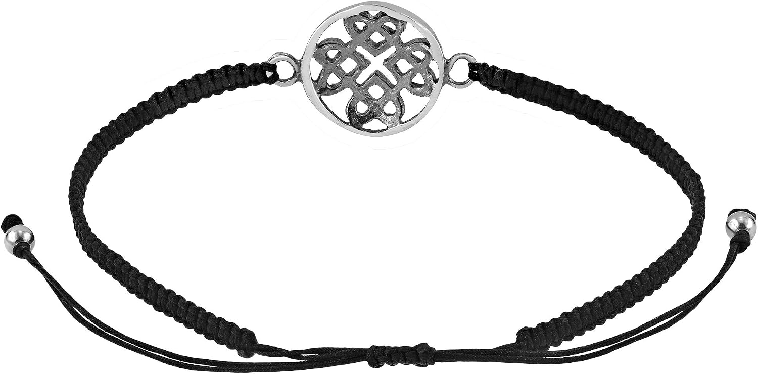 AeraVida 925 Sterling Silver Clover Heart Knot Bracelet, Black Adjustable String Pull Slide Charm Unisex Symbolic Minimalist Jewelry