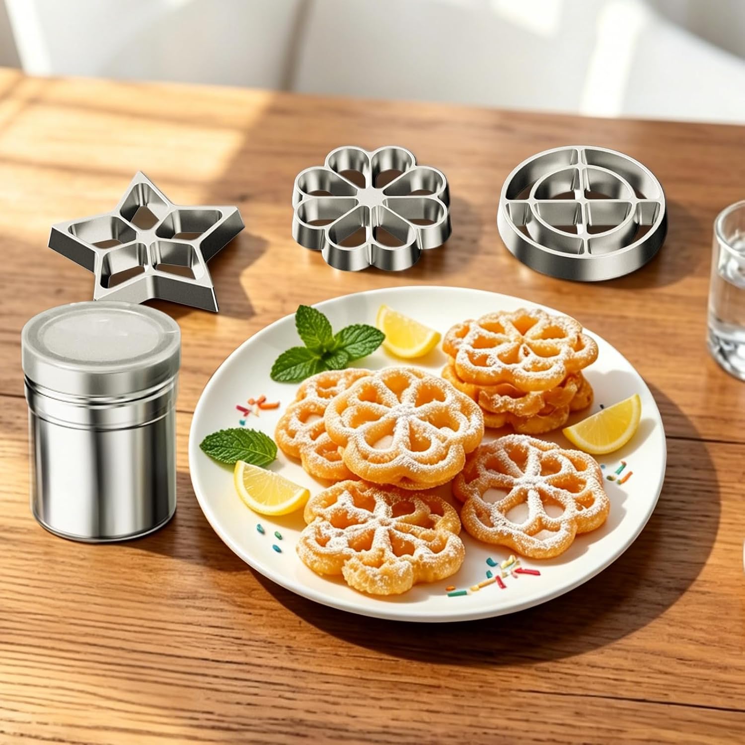 10PCS Bunuelos Mold with Handle, Aluminum Alloy Rosette Set with 7 Interchangeable Molds, Includes Stainless Steel Strainer & Sugar Shaker for Kitchen Baking