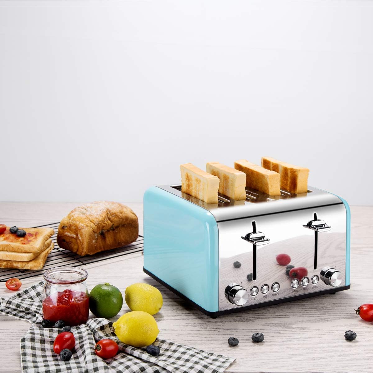 4 Slice Toaster, CUSIBOX Extra Wide Slots Toaster with Bagel, Defrost, Cancel Function, Colorful Stainless Steel, 6 Bread Shade Settings, 1650W, Blue