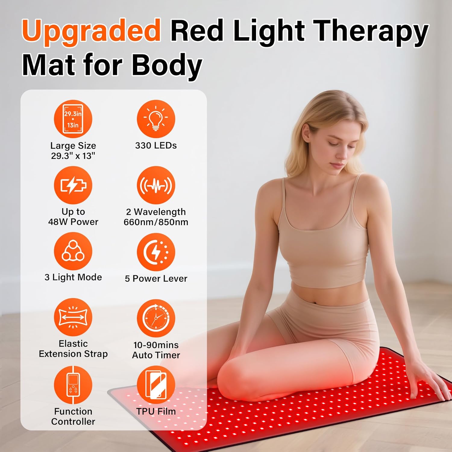 Alfavet Upgraded Red Light Therapy Mat for Body, 330 LEDs Medical-Grade TPU Red Light Therapy Pad, 660nm&850nm Infrared Light Therapy for Shoulder Back Pain Relief, 29.3" x 13"