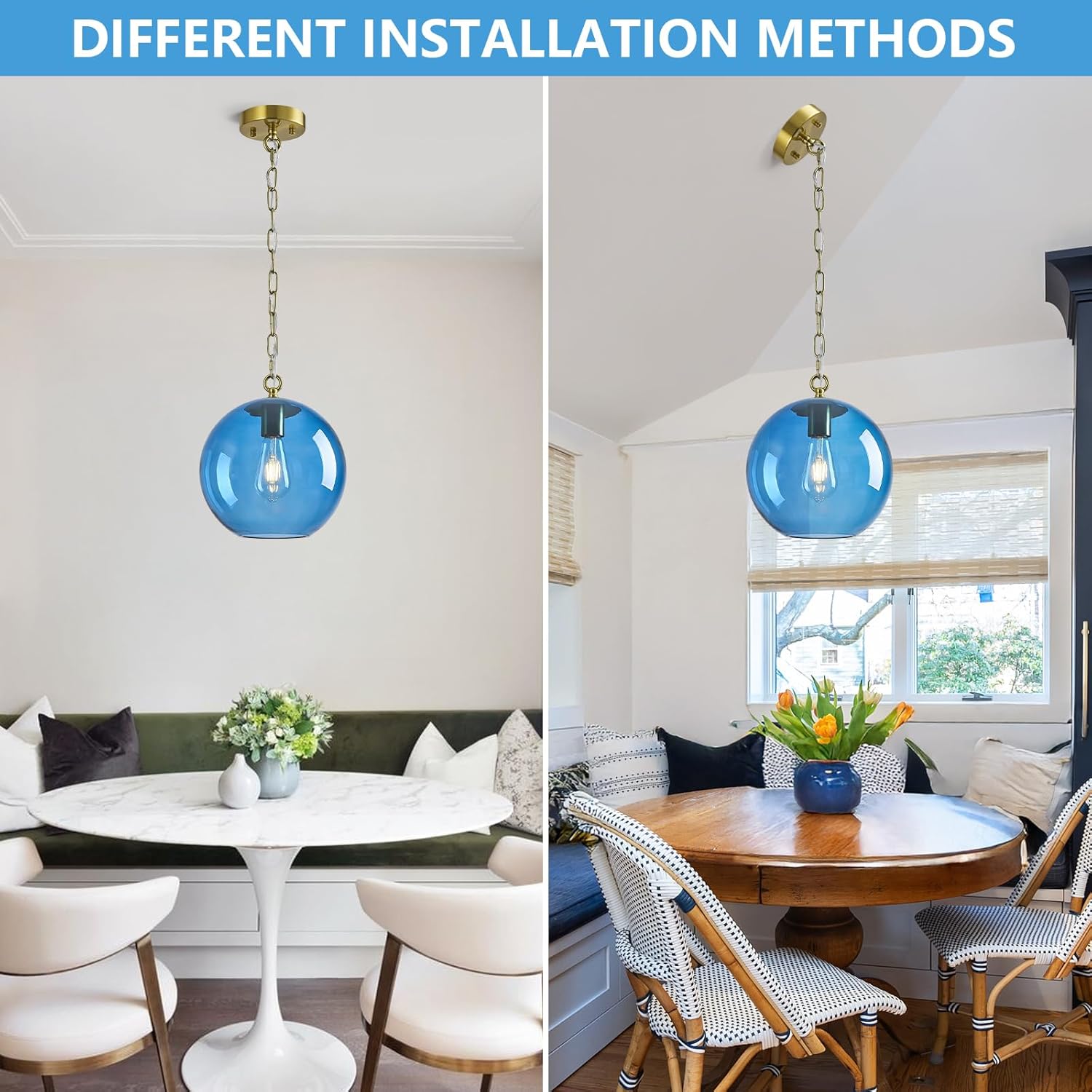 Deep Blue Glass Pendant Light Fixtures，Modern Farmhouse Ceiling Hanging Lights Brass Finish Chain Globe Pendant Lights for Kitchen Island Dining Room Bedroom Light Fixture(9.84in, 1-Pack)