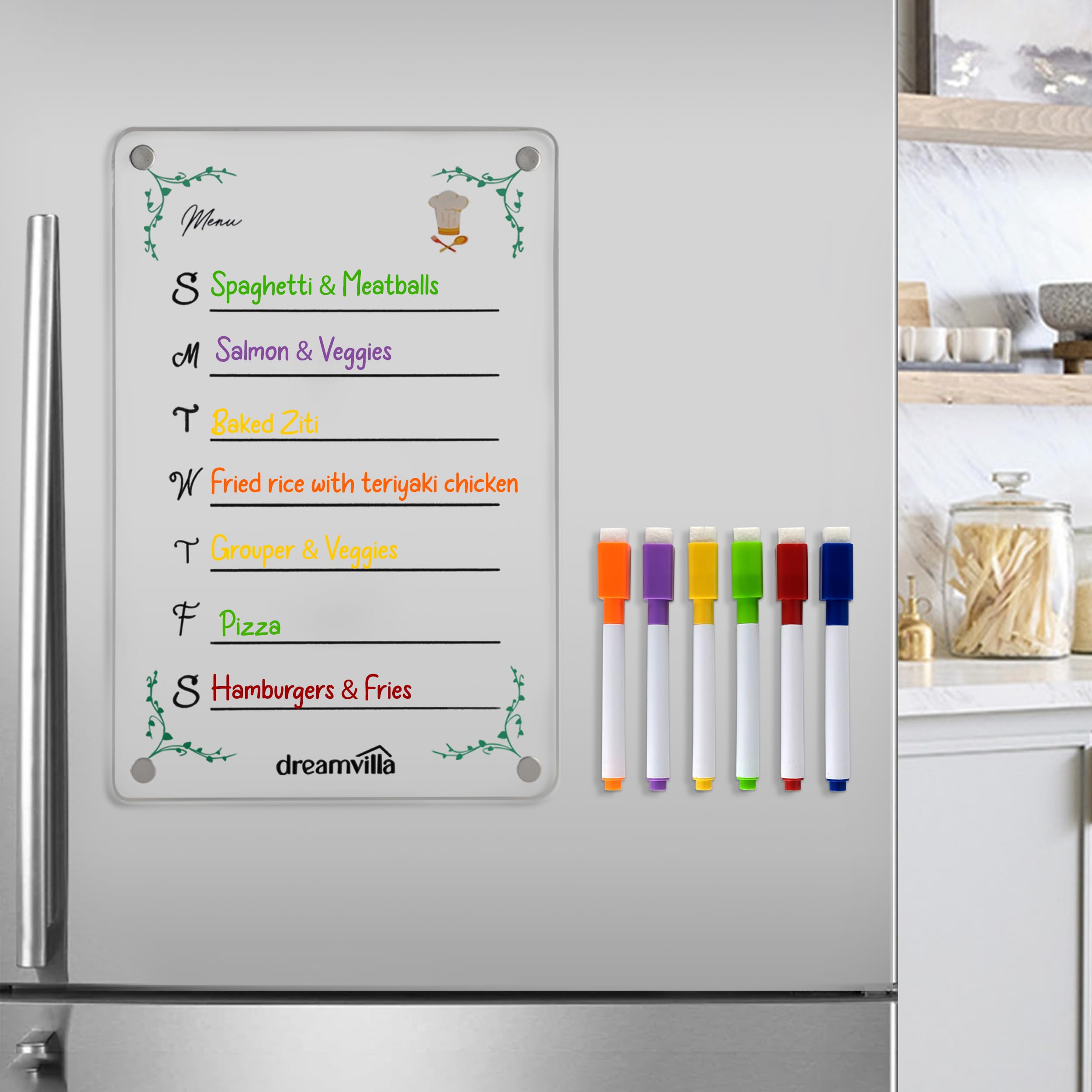 Acrylic Magnetic Menu Planner for Refrigerator – Dry Erase Board for Fridge with Markers, Clear Weekly Meal Planning Board, Kitchen Organizer for