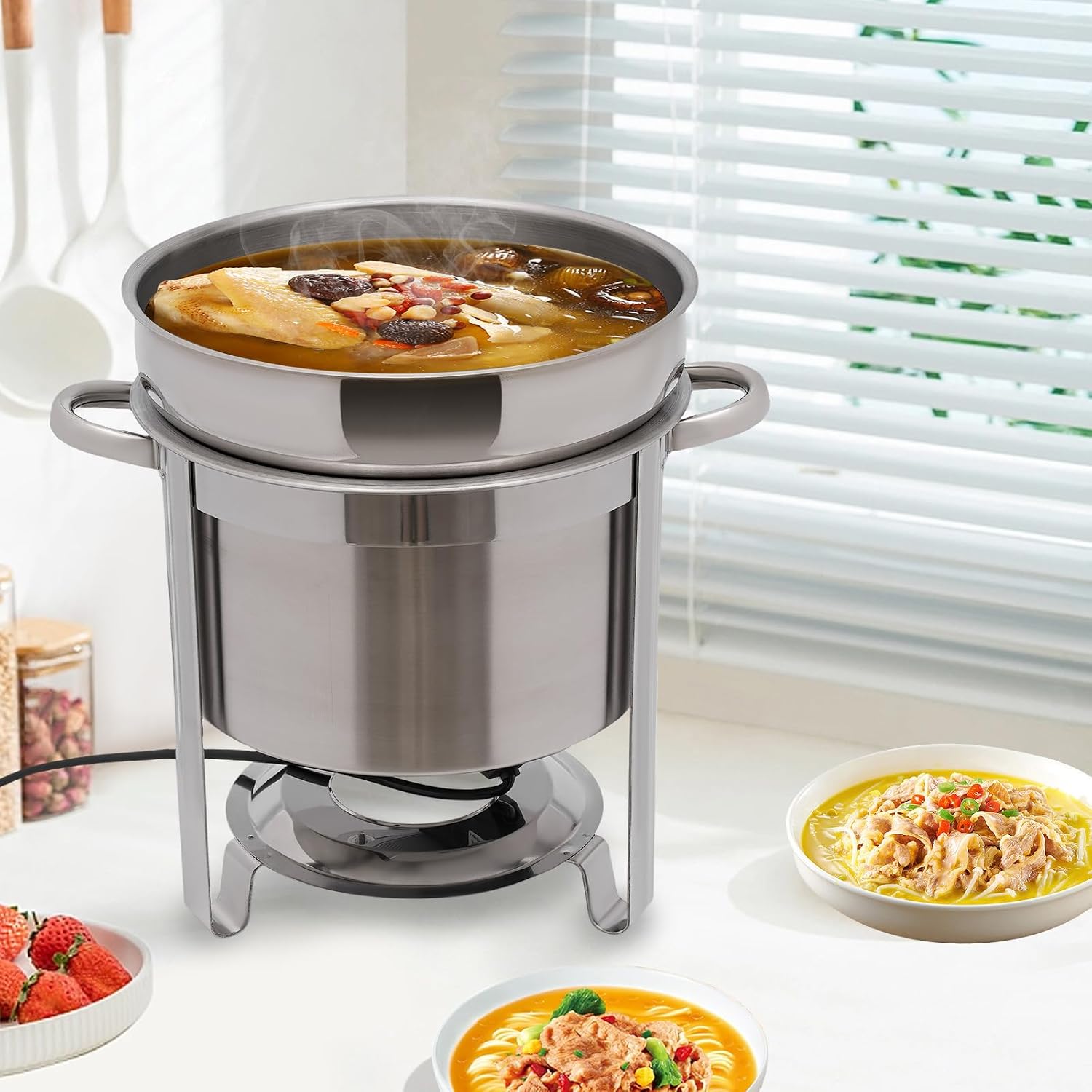 110V 4L Soup Chafer with Electric Heating Plate, 400-800W Stainless Steel Soup Warmer Large Marmite Soup Chafer with Pot Lid and Frame，Commercial Grade for Buffets and Parties (4L)