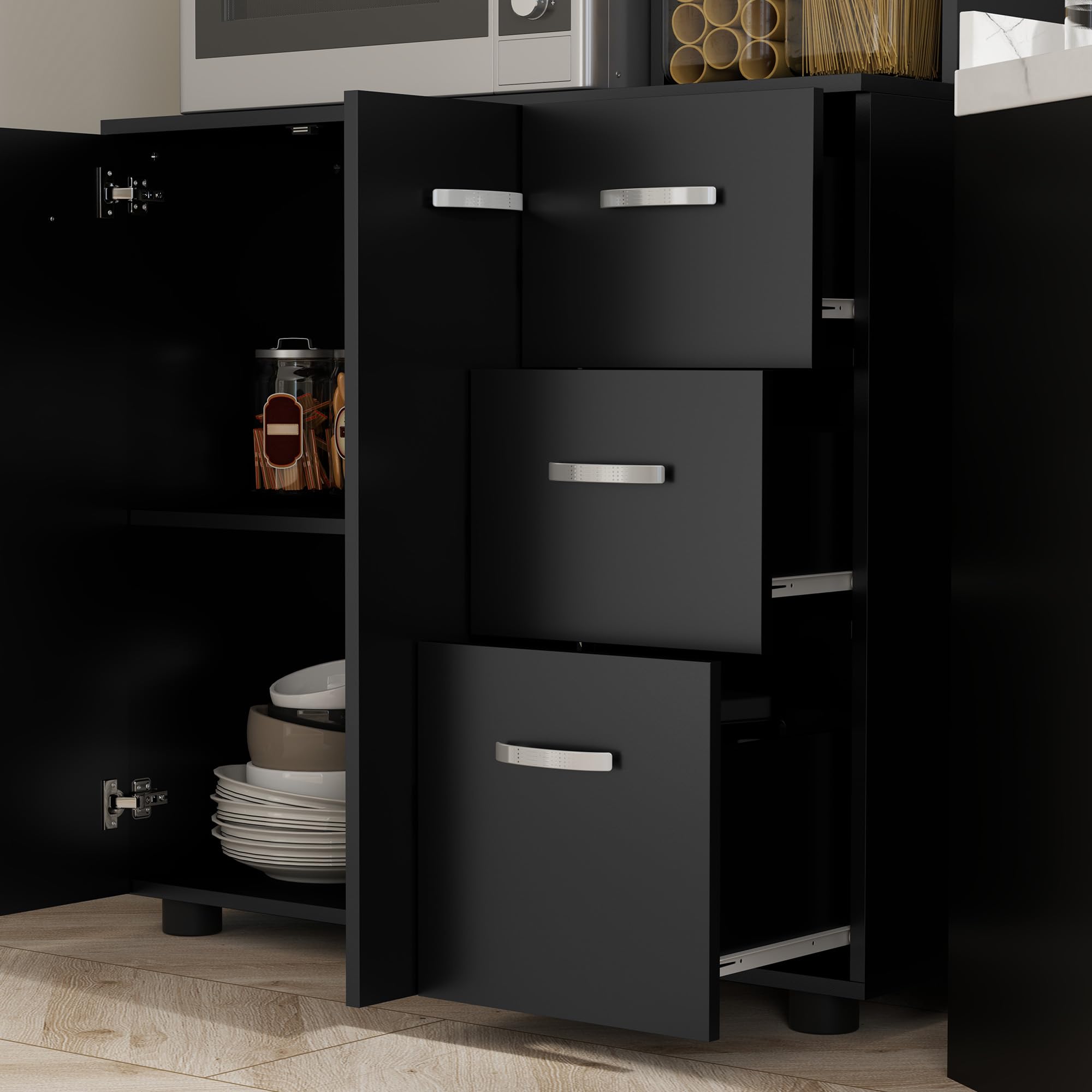 HOMCOM Armoire de Cuisine Multi-rangements 4 Portes 3 tiroirs étagère + Grand Plateau 89L x 39,5l x 168H cm Noir