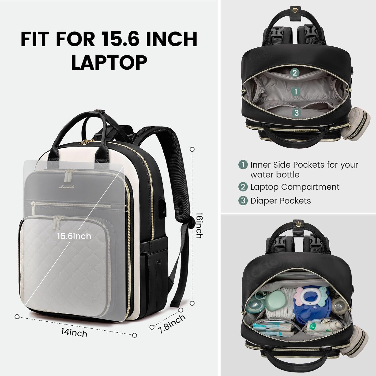 LOVEVOOK Baby Diaper Bag,Waterproof Diaper Backpack with USB Charging Port for Baby, Large Capacity Fit for 15.6 inch Laptop, Black White