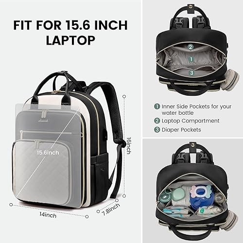 Miniatura 5 de LOVEVOOK Mochila para pañales, bolsa de bebé acolchada para mamá y papá, mochila de viaje de gran capacidad con cambiador, Negro Blanco, Moderno