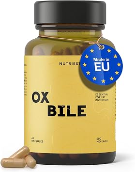 Nutriest Ox Bile Salts 60 Capsules   Ox Bile 500 mg | Bovine Bile Salts from Europe | Supports Normal Fat Digestion