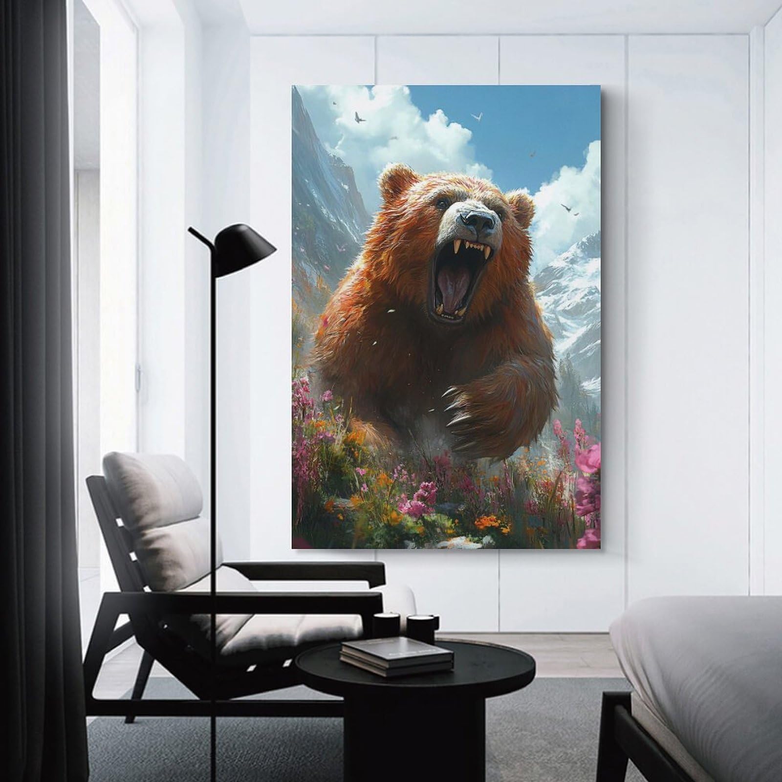 Junmoney Unframe-Style-8 Roaring Bear In Mountain Landscape Wall Decor Canvas Print, 20X30inch(50X75cm), For Lounge, Bedroom Or Personal Spaces, Thoughtful Wall Decor For Art Lovers