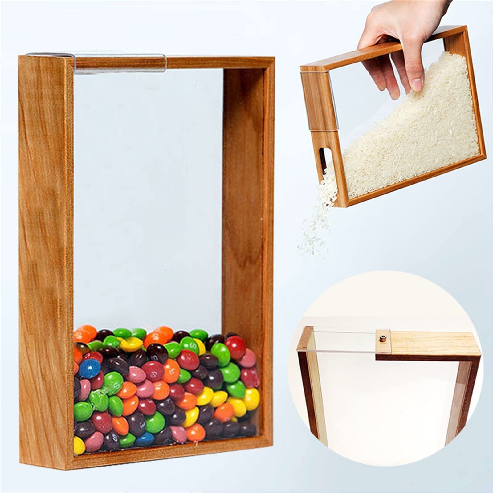 Boîte à Riz Bois Acrylique Distributeur Alimentaire - Récipient Transparent Étanche Avec Couvercle Coulissant Pour Céréales Et Snacks
