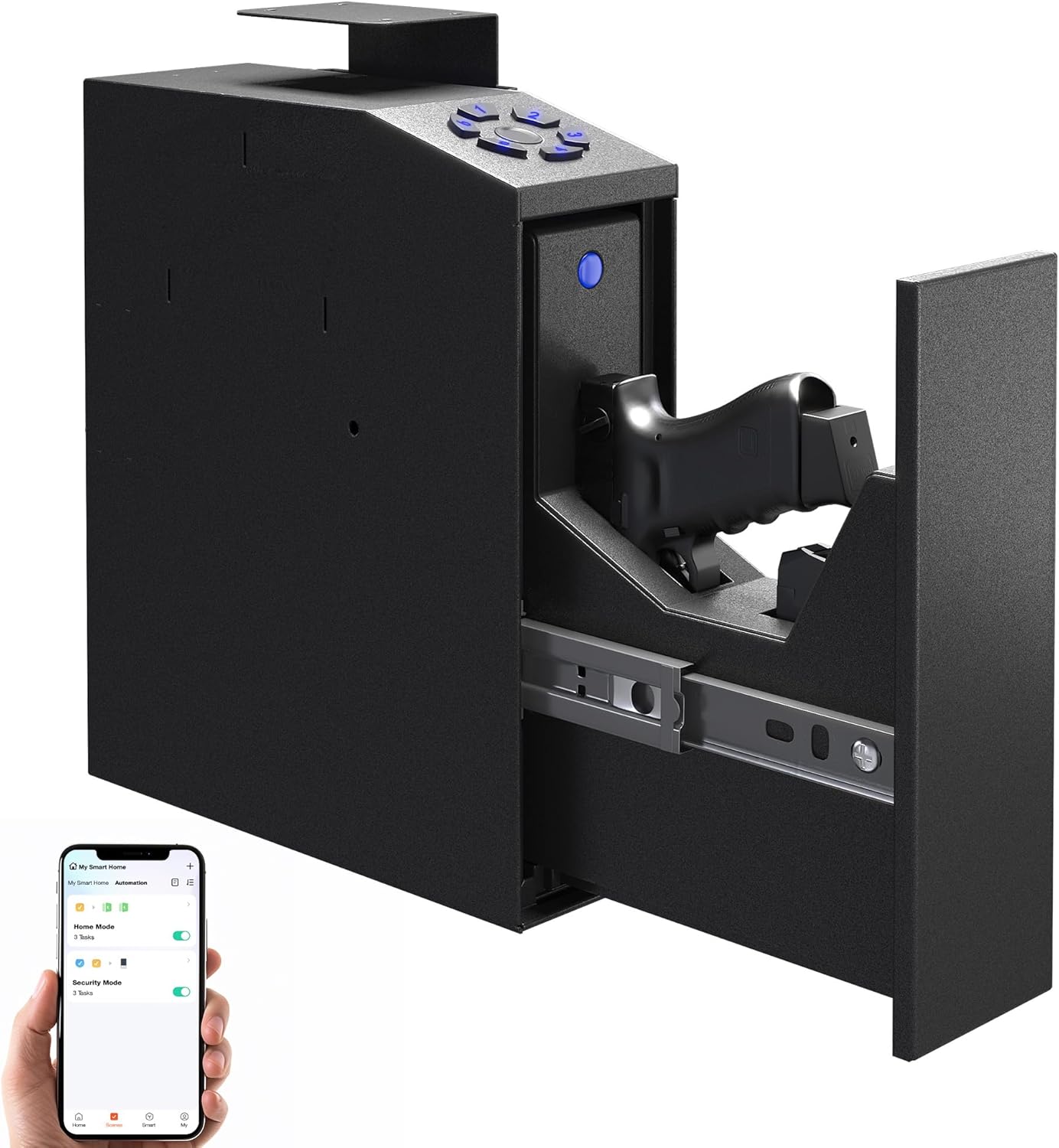 Gun Safe for Handgun, Biometric Slider Bedside Pistol Safe, 4 Quick Access Ways APP/Fingerprint/PIN Code/KEY, Single Gun Safe for Bedside, Walls, and Dressing Table