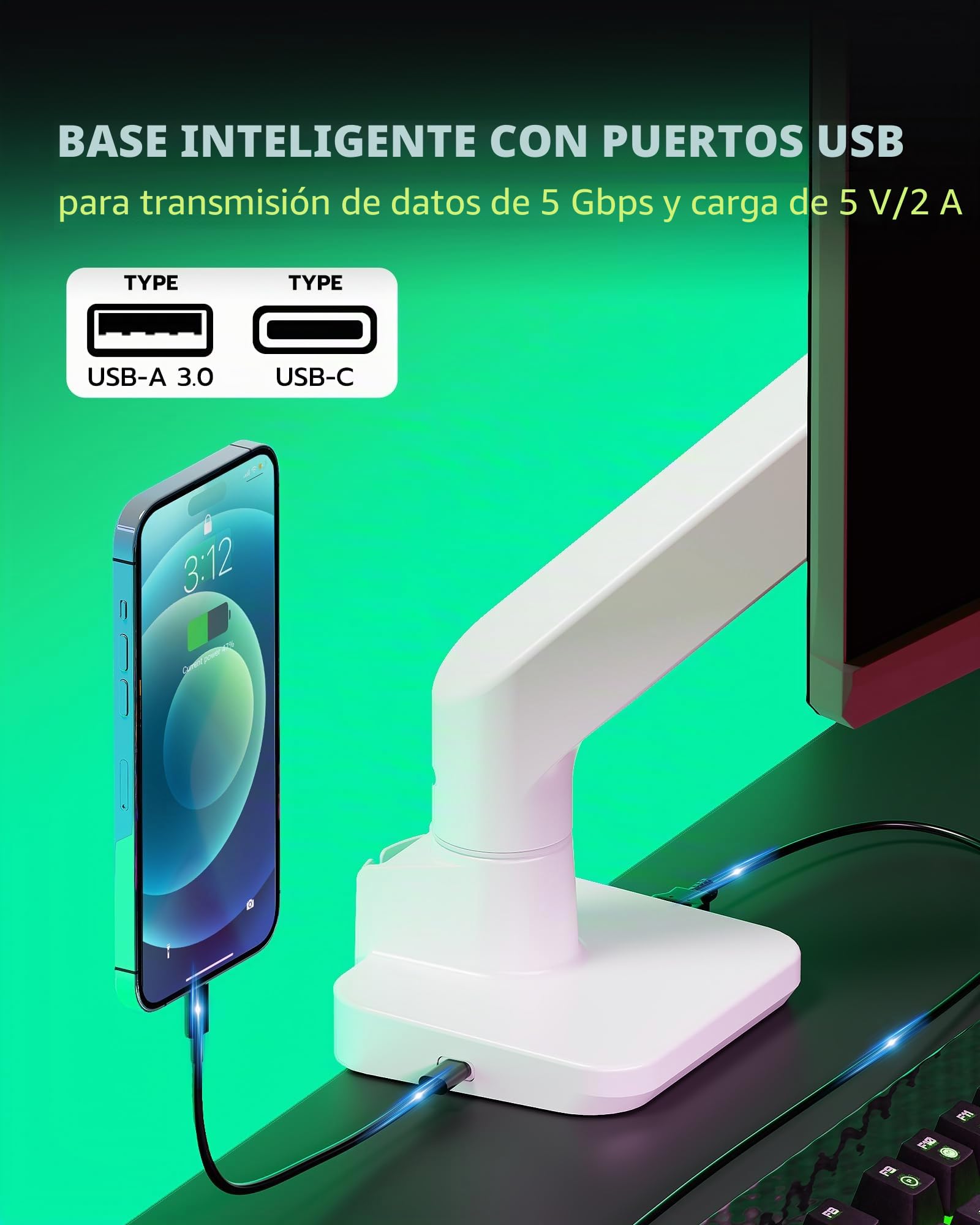 ARES WING Brazo Monitor Soporte Monitor 17-49" hasta 20kg con USB Blanco | Brazo para Monitor Plano y Curvo Ergonómico, Resorte de Gas, VESA 75/100 mm, Altura Ajustable, Giro 360°, Inclinación ±20°