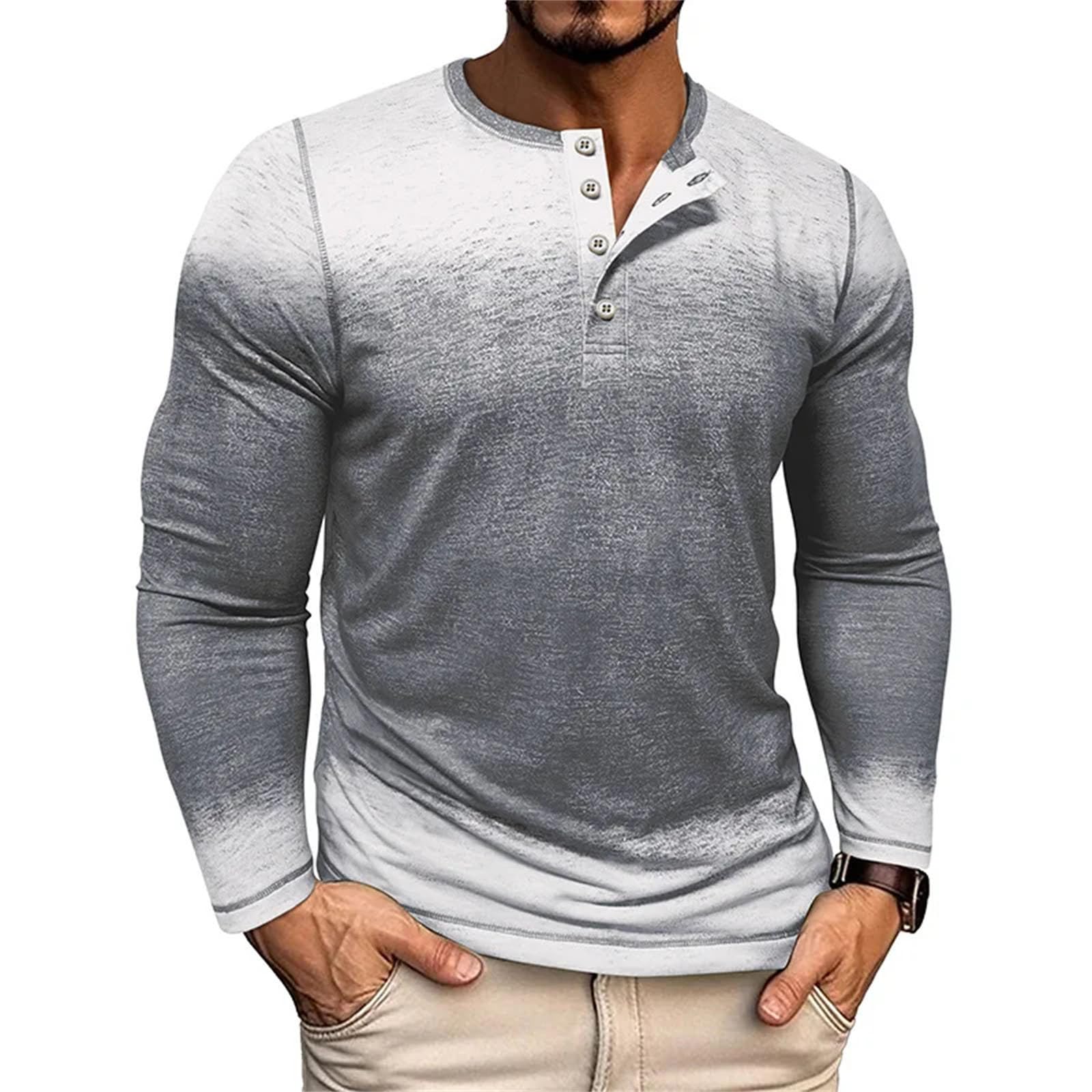 Maglietta da uomo con scollo rotondo retrò a tre bottoni, maniche lunghe, casual, traspirante, ampia e versatile