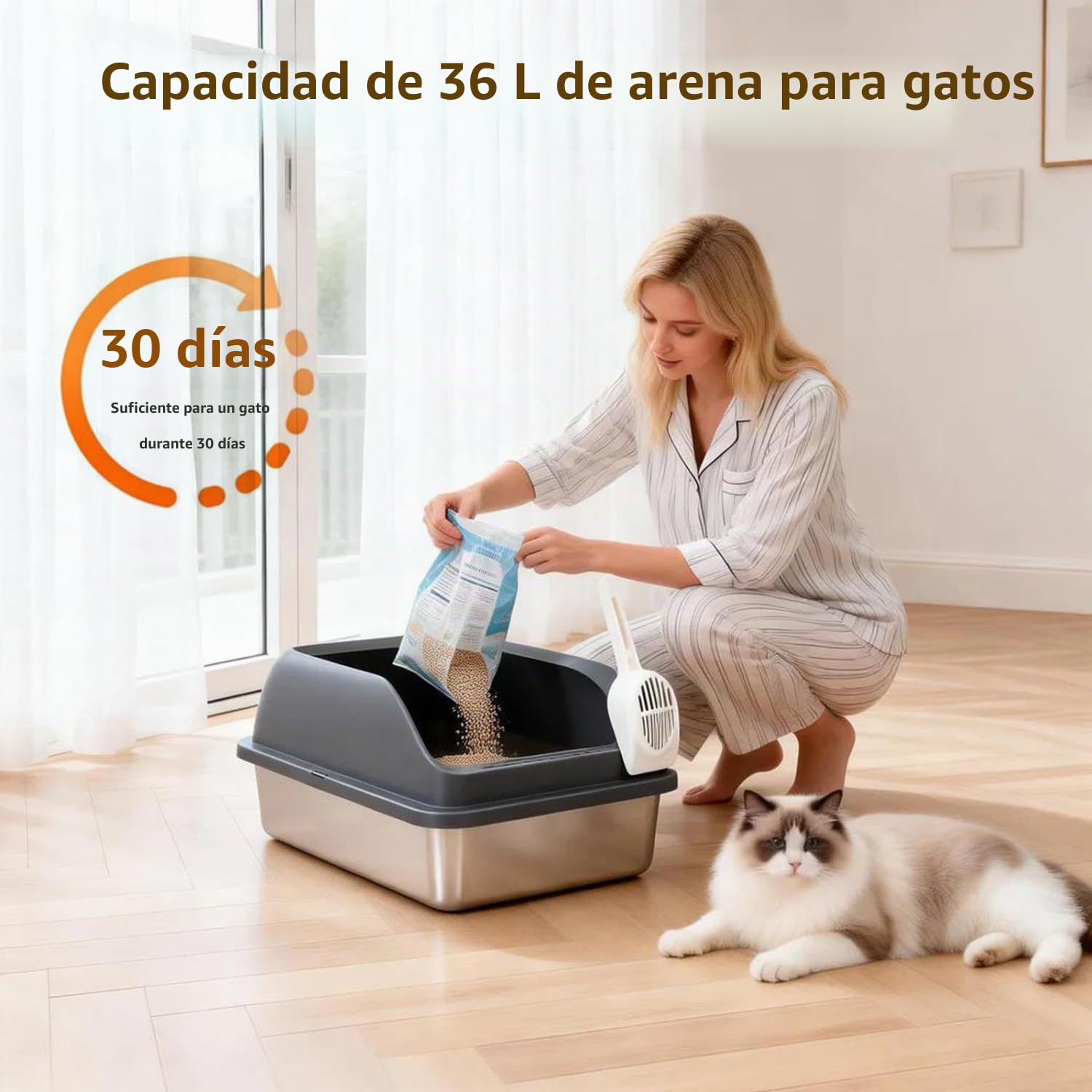 Nobleza 2 x Arenero de Acero Inoxidable para Gatos con Pared Alta， Diseño Anti-Salpicaduras， Kit Completo con Alfombra de Nido de Abeja y Pala， 61 * 40.5 * 31cm， Plata/Gris