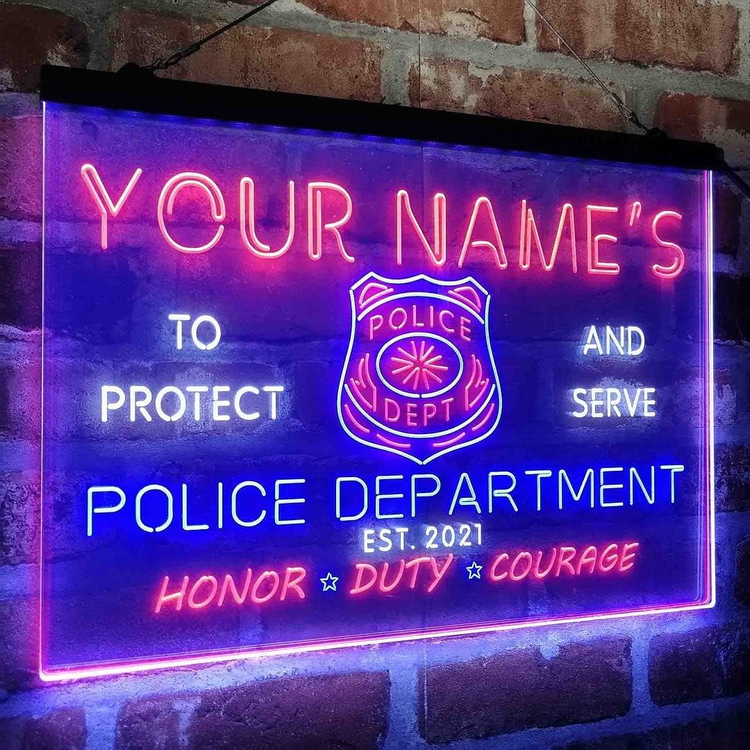 Personalized Police Department Tri-Color LED Neon Light Sign Customize Name Date Text Quote Font White & Blue & Red 17.7 x 13.6 Inches st9s43-tk1-tm-wbr