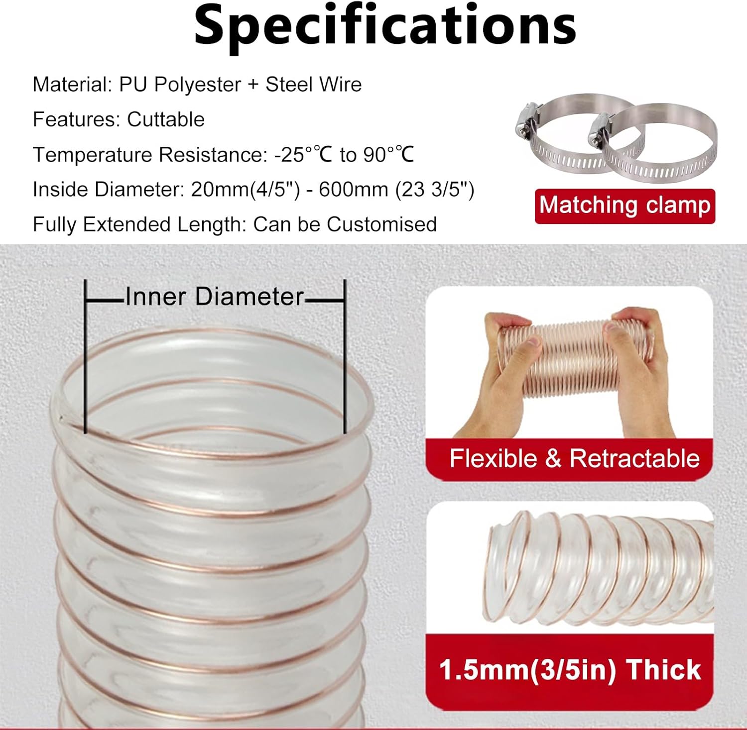 Vacuum Hose for Dust Collector, 24 20 18 16 15 14 13 12 11 10 9 8 7 6 5 4 3 2 1 Inch Ducting Pipe for Fume Extraction/Wood Chip Saw with Steel Wire, Ac Duct Replacement(Dia 240mm(9 4/9 in))